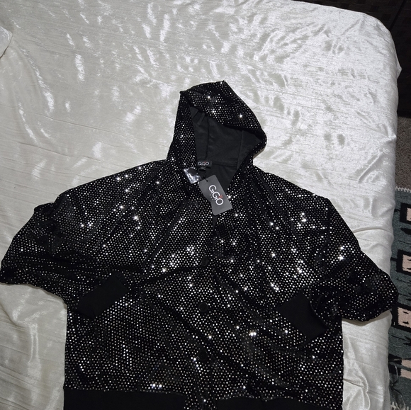 Black Sequin Button-Up Hoodie By Gogio NWT size L - Picture 7 of 7